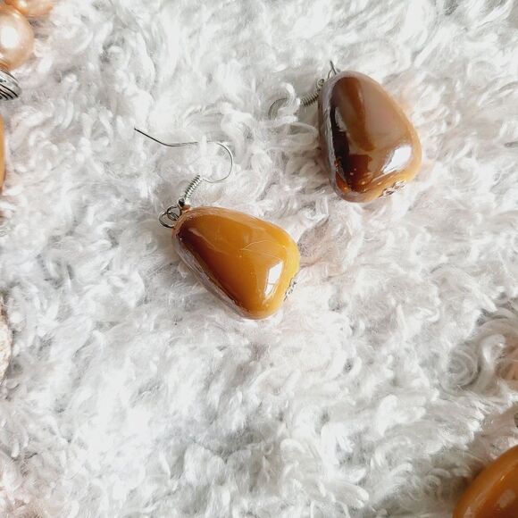 New! Beautiful neutral chunky stone necklace rust tan brown colors with earrings - Picture 7 of 8